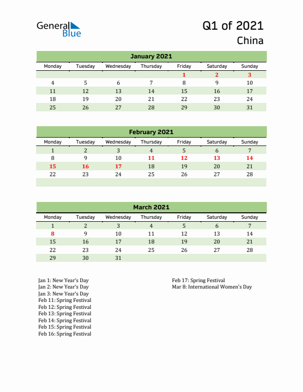 Quarterly Calendar 2021 with China Holidays