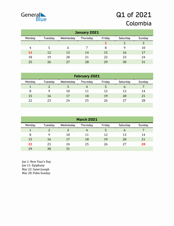 Quarterly Calendar 2021 with Colombia Holidays