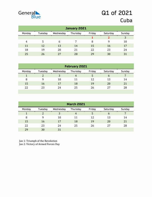 Quarterly Calendar 2021 with Cuba Holidays