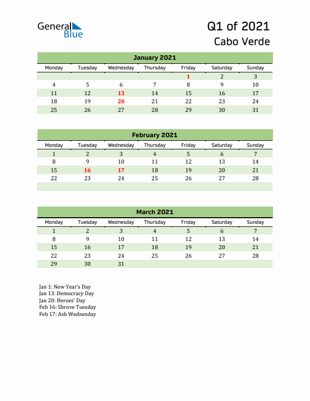 Quarterly Calendar 2021 with Cabo Verde Holidays