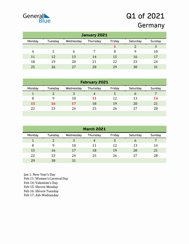 Quarterly Calendar 2021 with Germany Holidays