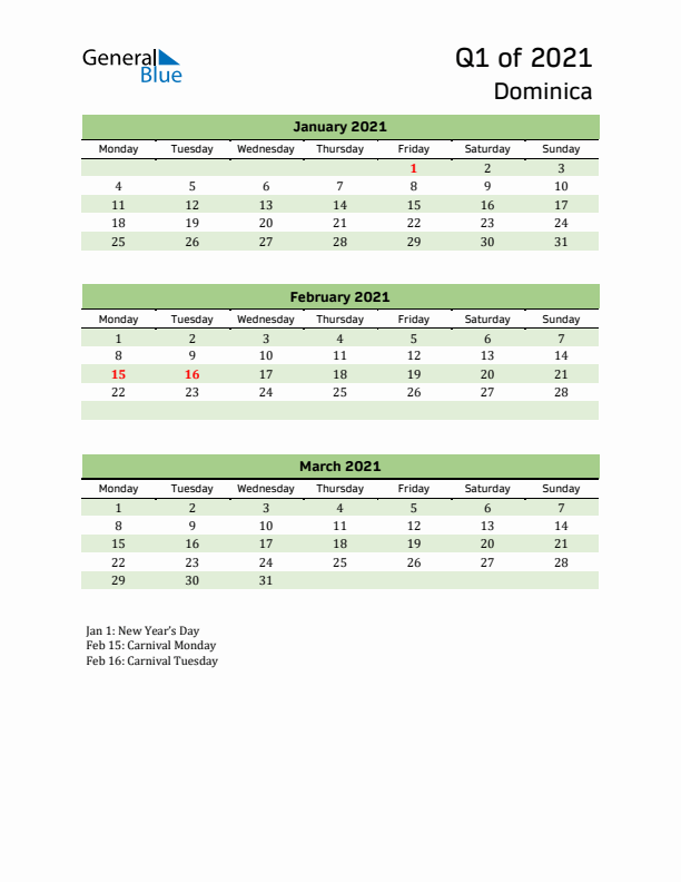 Quarterly Calendar 2021 with Dominica Holidays