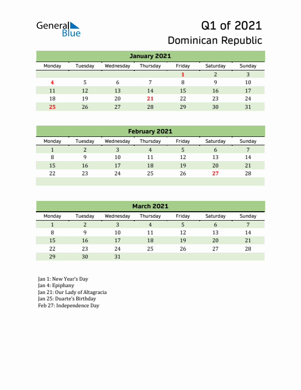 Quarterly Calendar 2021 with Dominican Republic Holidays