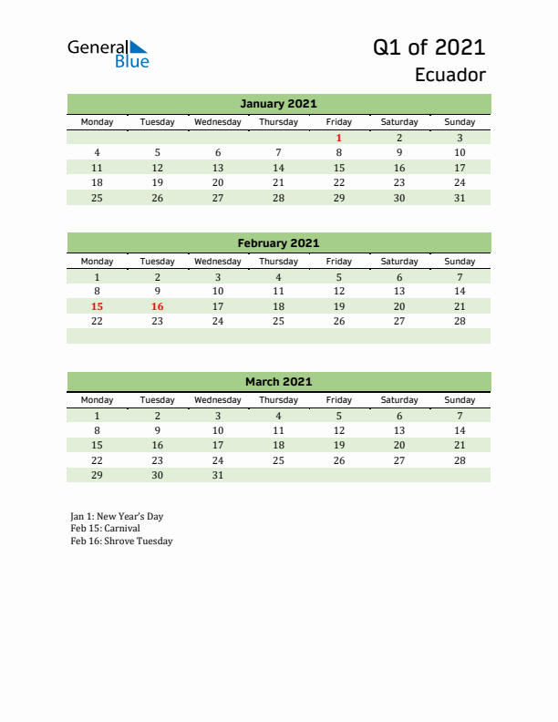 Quarterly Calendar 2021 with Ecuador Holidays