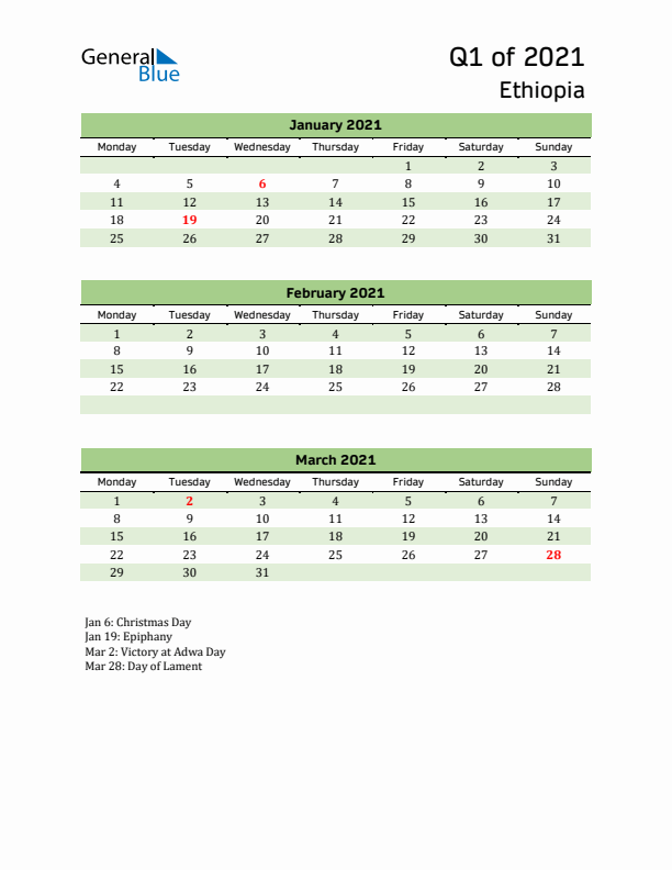 Quarterly Calendar 2021 with Ethiopia Holidays