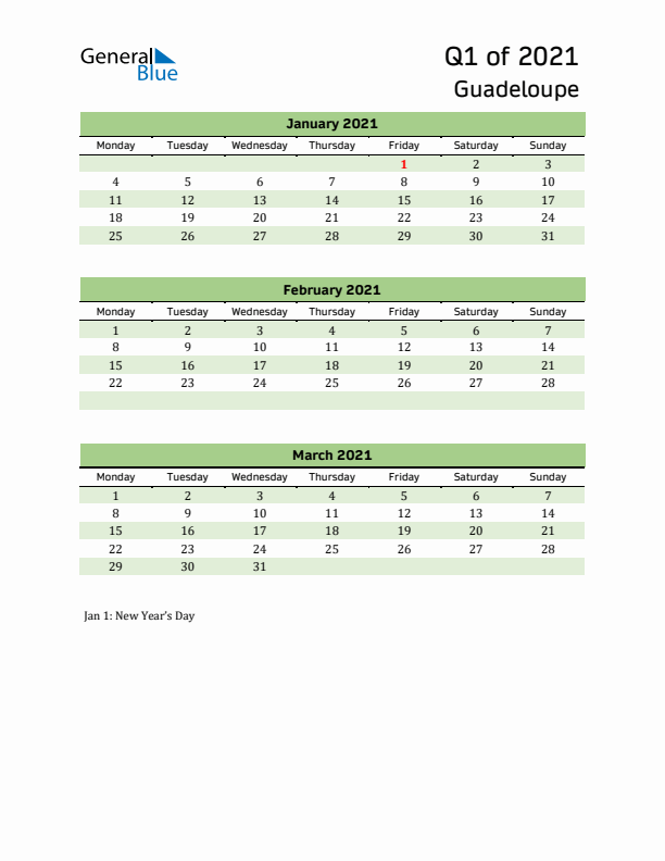 Quarterly Calendar 2021 with Guadeloupe Holidays