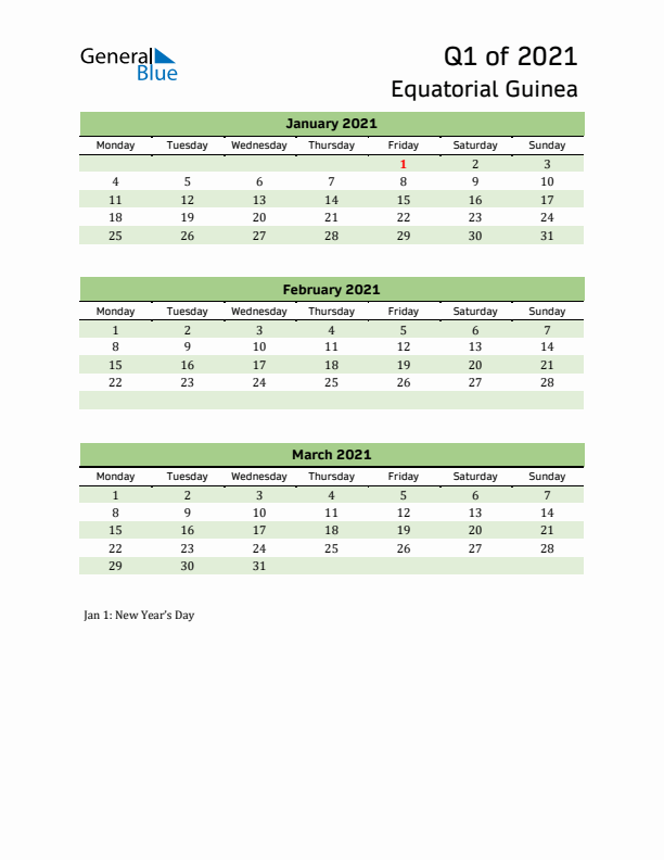 Quarterly Calendar 2021 with Equatorial Guinea Holidays