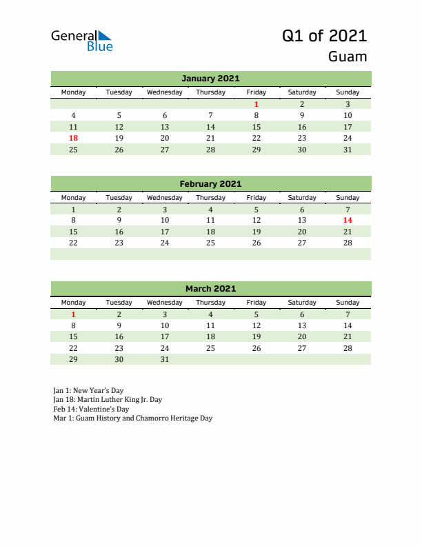 Quarterly Calendar 2021 with Guam Holidays