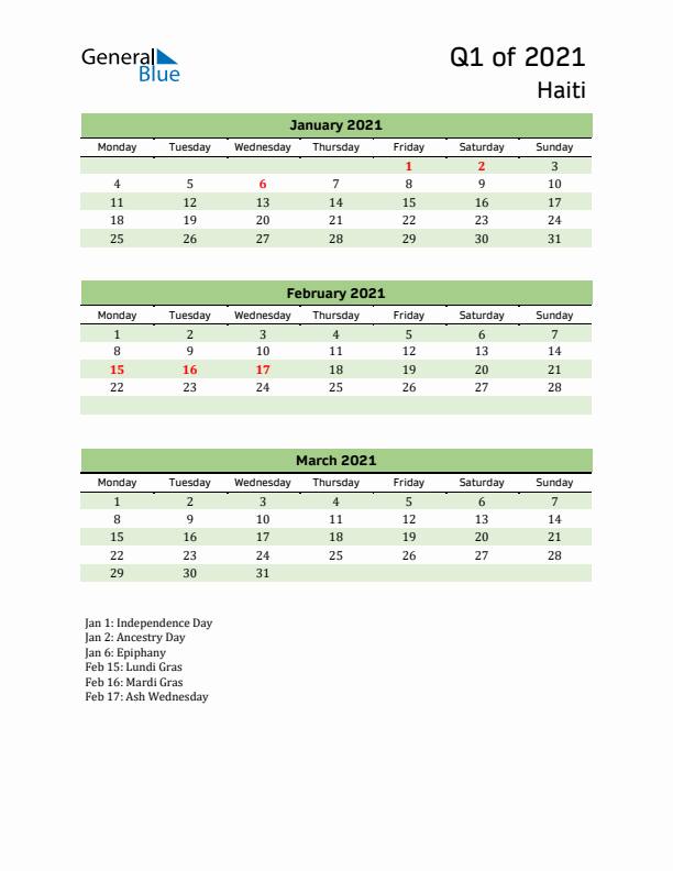 Quarterly Calendar 2021 with Haiti Holidays