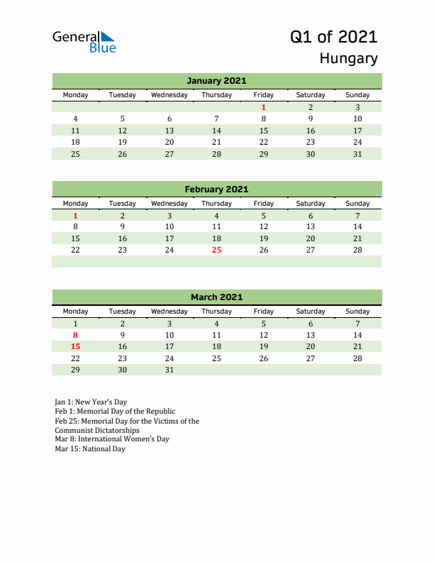 Quarterly Calendar 2021 with Hungary Holidays