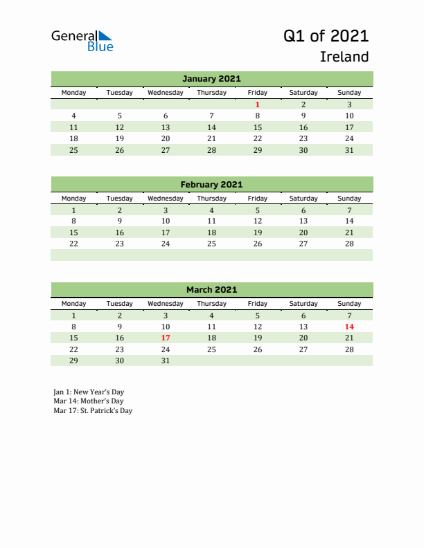 Quarterly Calendar 2021 with Ireland Holidays