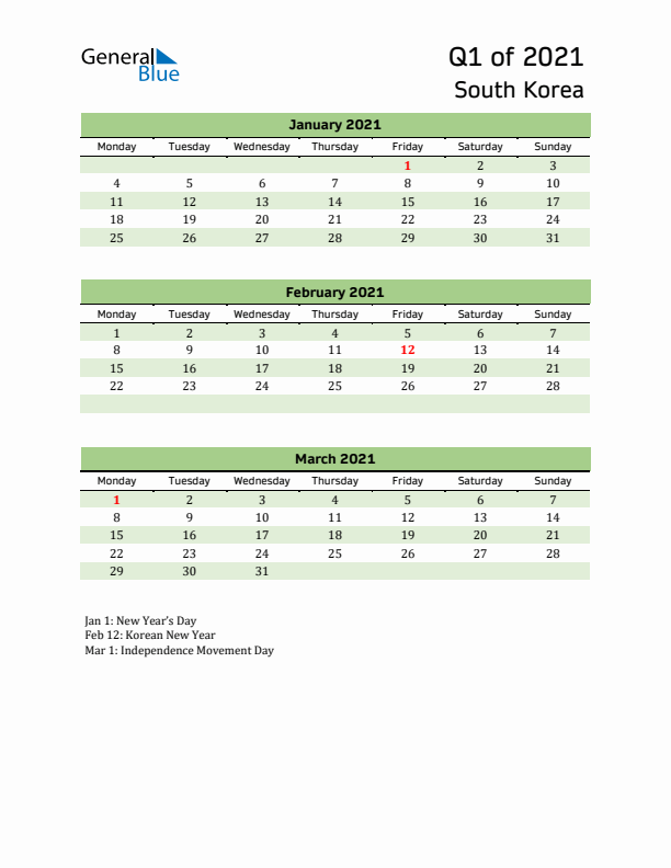 Quarterly Calendar 2021 with South Korea Holidays