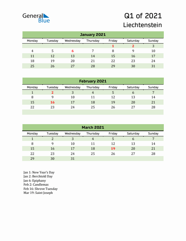 Quarterly Calendar 2021 with Liechtenstein Holidays