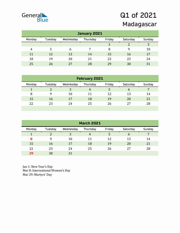 Quarterly Calendar 2021 with Madagascar Holidays