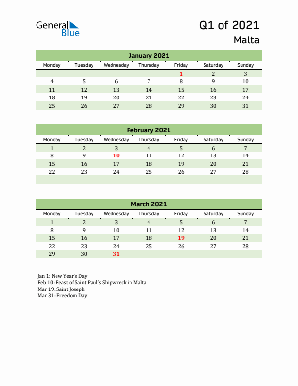 Quarterly Calendar 2021 with Malta Holidays