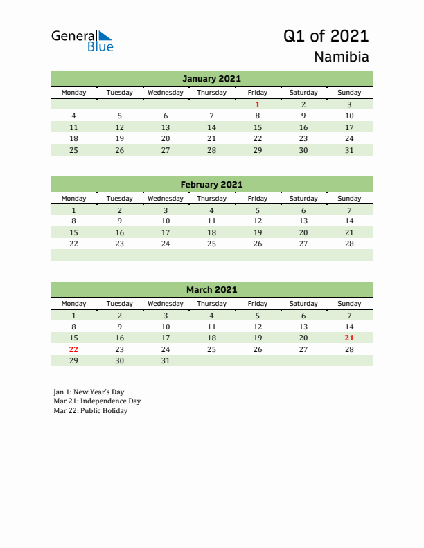 Quarterly Calendar 2021 with Namibia Holidays