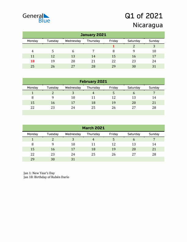 Quarterly Calendar 2021 with Nicaragua Holidays