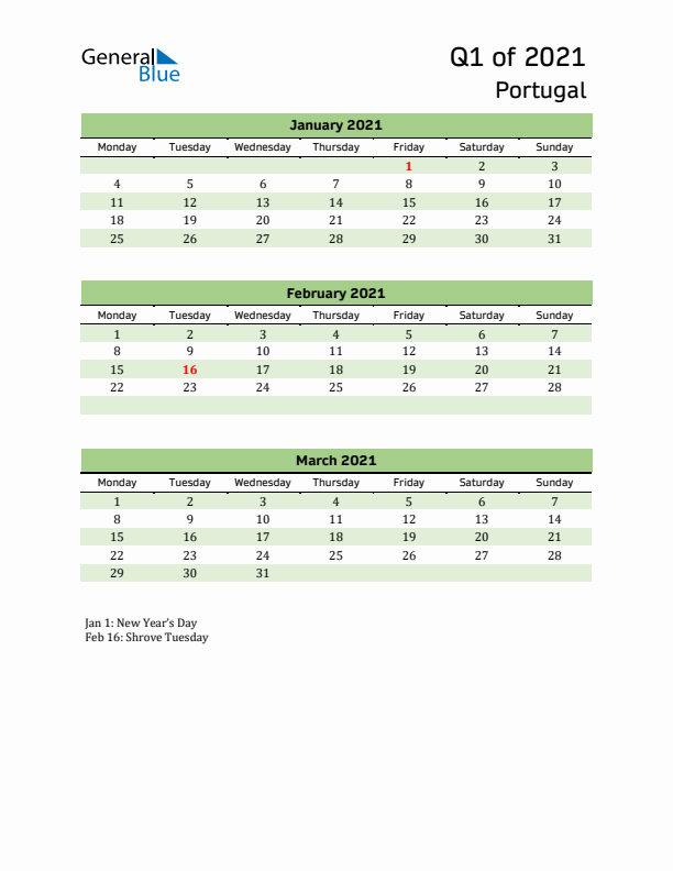 Quarterly Calendar 2021 with Portugal Holidays