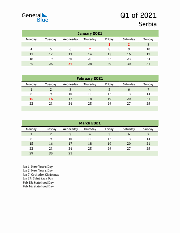 Quarterly Calendar 2021 with Serbia Holidays