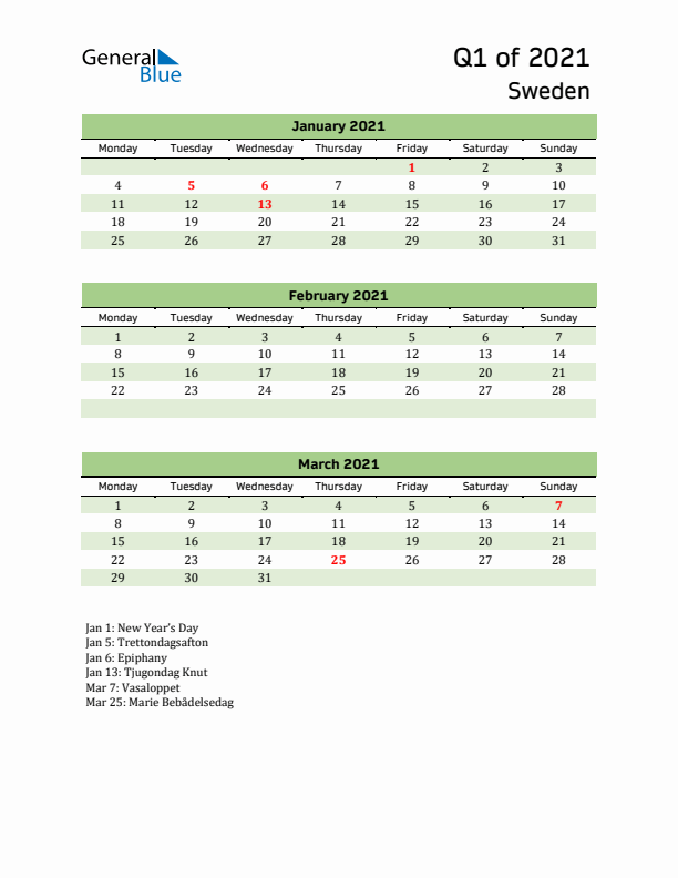 Quarterly Calendar 2021 with Sweden Holidays