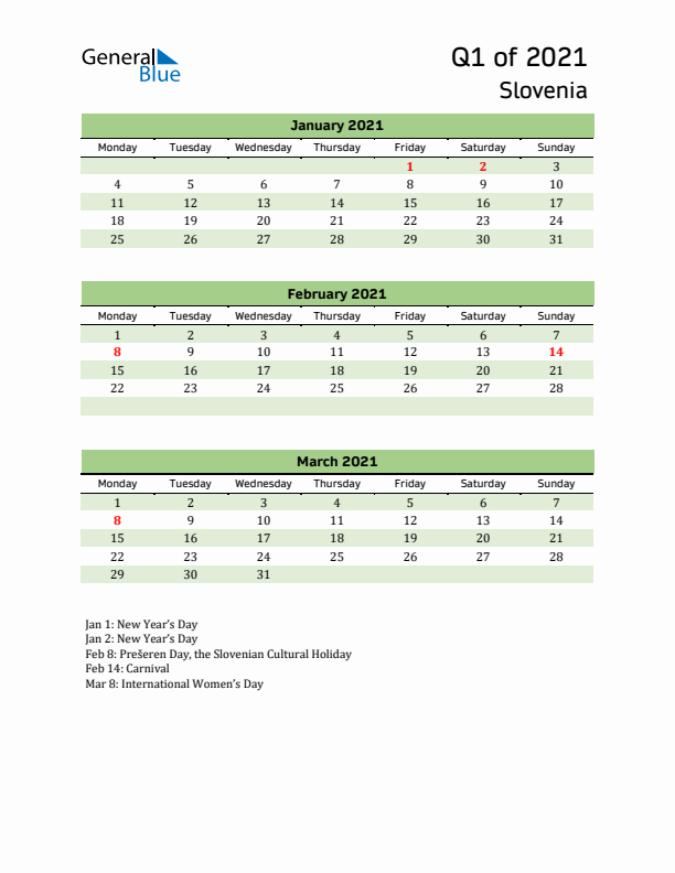 Quarterly Calendar 2021 with Slovenia Holidays