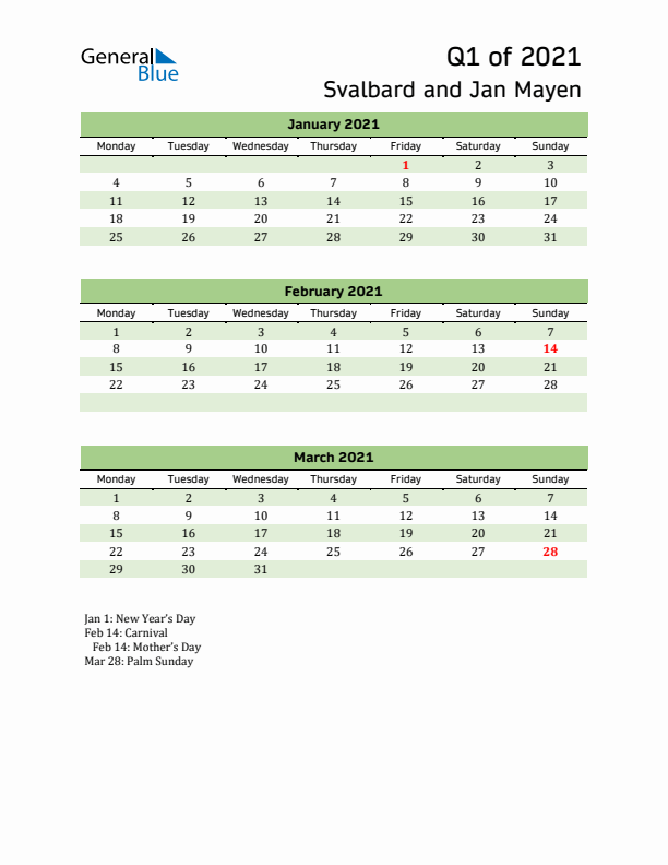 Quarterly Calendar 2021 with Svalbard and Jan Mayen Holidays