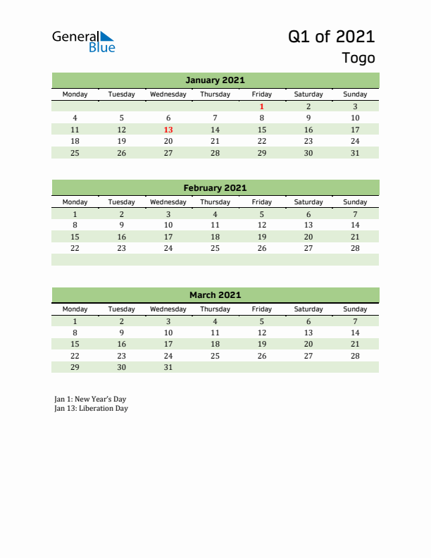 Quarterly Calendar 2021 with Togo Holidays