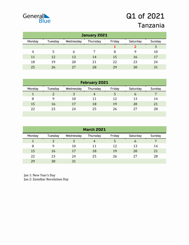 Quarterly Calendar 2021 with Tanzania Holidays