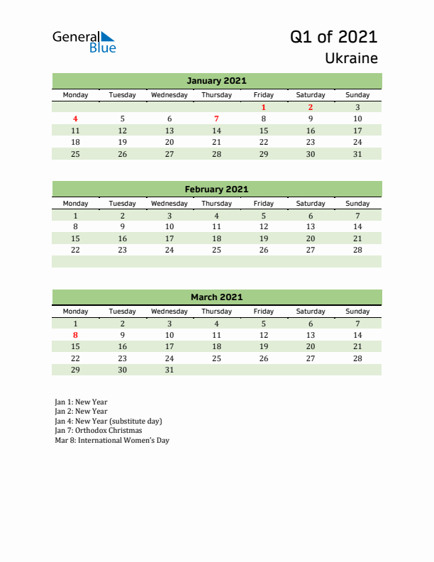 Quarterly Calendar 2021 with Ukraine Holidays