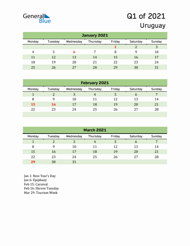 Quarterly Calendar 2021 with Uruguay Holidays