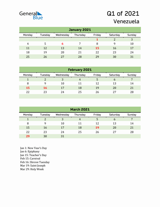 Quarterly Calendar 2021 with Venezuela Holidays