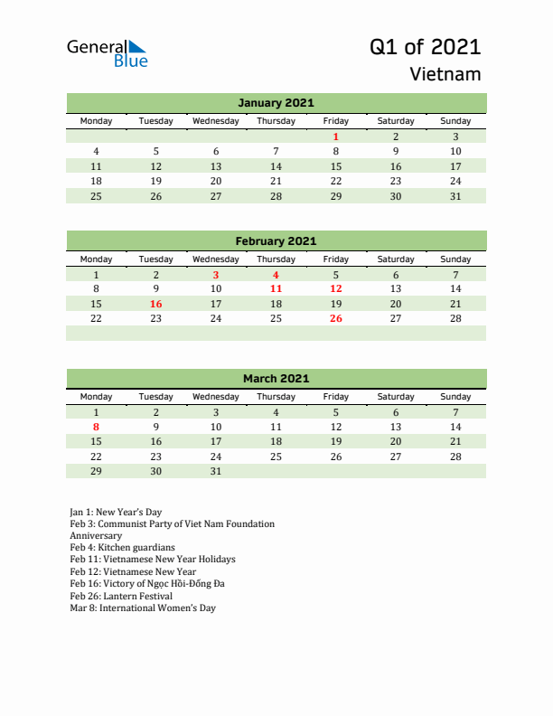 Quarterly Calendar 2021 with Vietnam Holidays