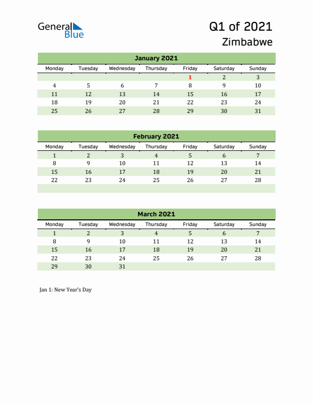 Quarterly Calendar 2021 with Zimbabwe Holidays