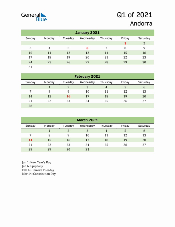 Quarterly Calendar 2021 with Andorra Holidays