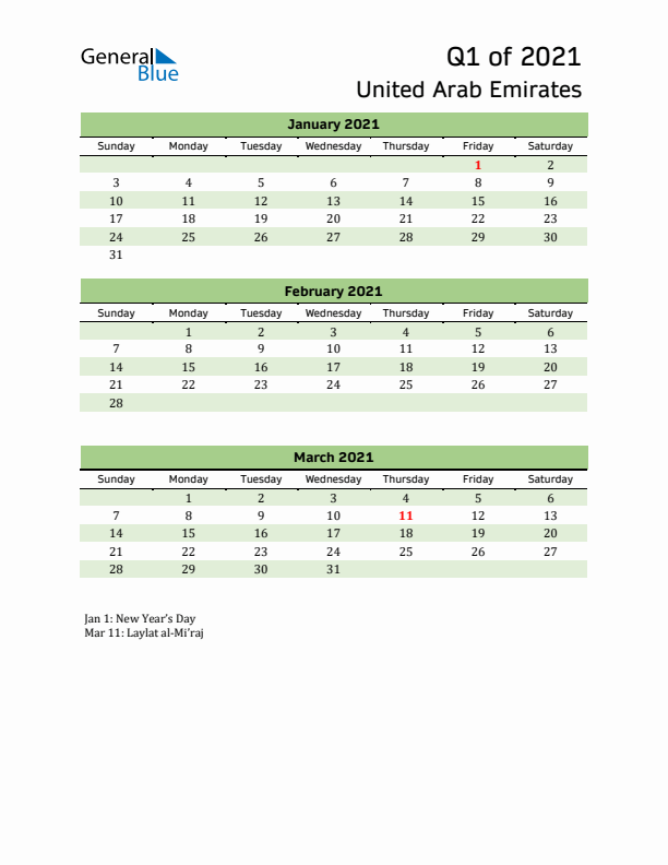 Quarterly Calendar 2021 with United Arab Emirates Holidays