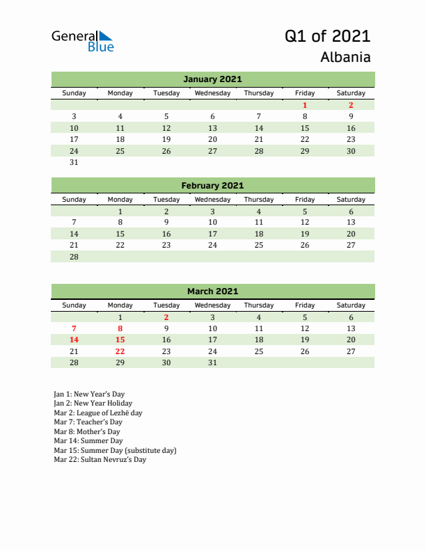 Quarterly Calendar 2021 with Albania Holidays