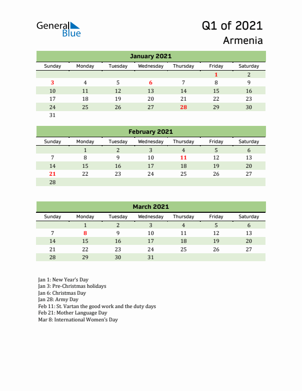 Quarterly Calendar 2021 with Armenia Holidays