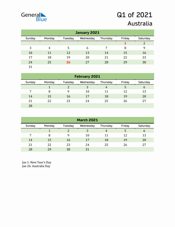 Quarterly Calendar 2021 with Australia Holidays