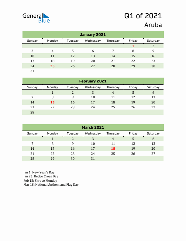 Quarterly Calendar 2021 with Aruba Holidays