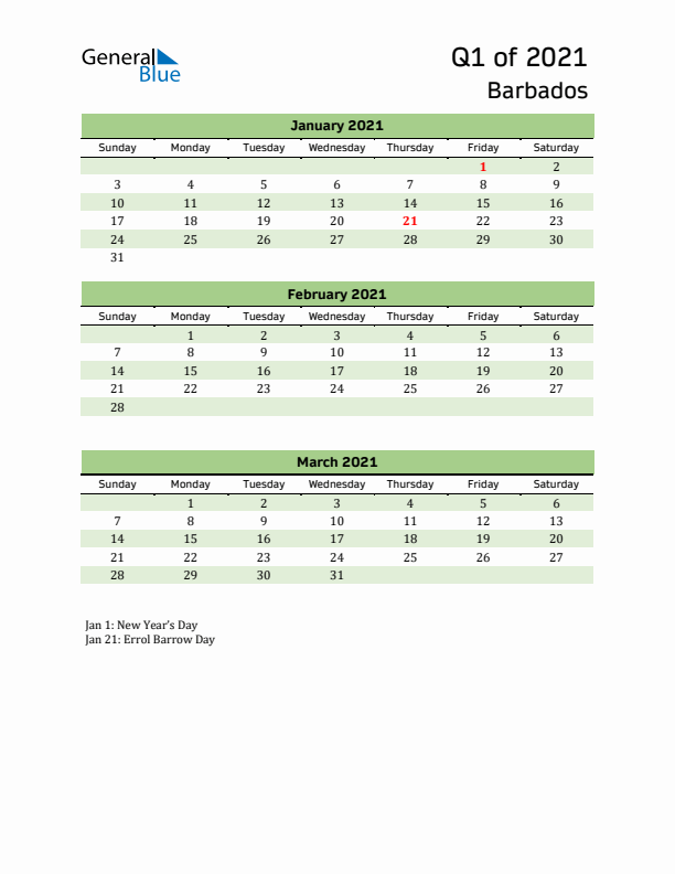 Quarterly Calendar 2021 with Barbados Holidays