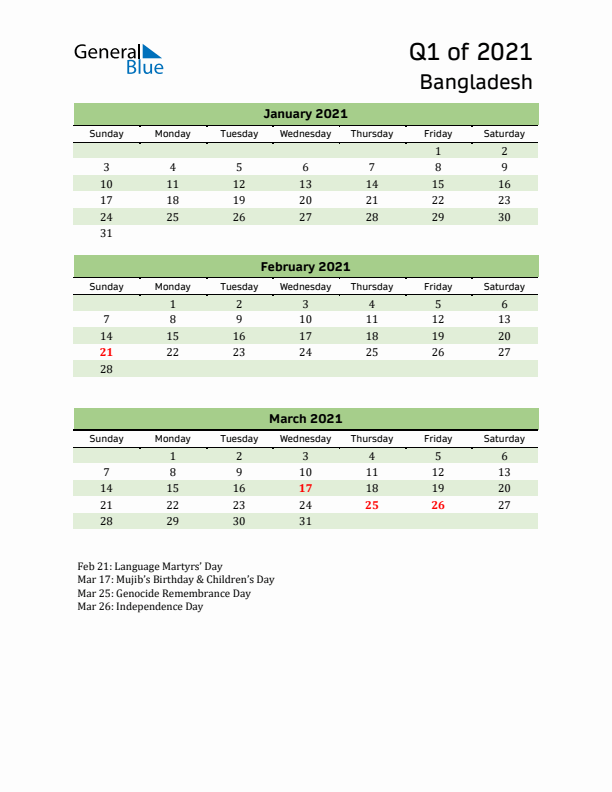 Quarterly Calendar 2021 with Bangladesh Holidays