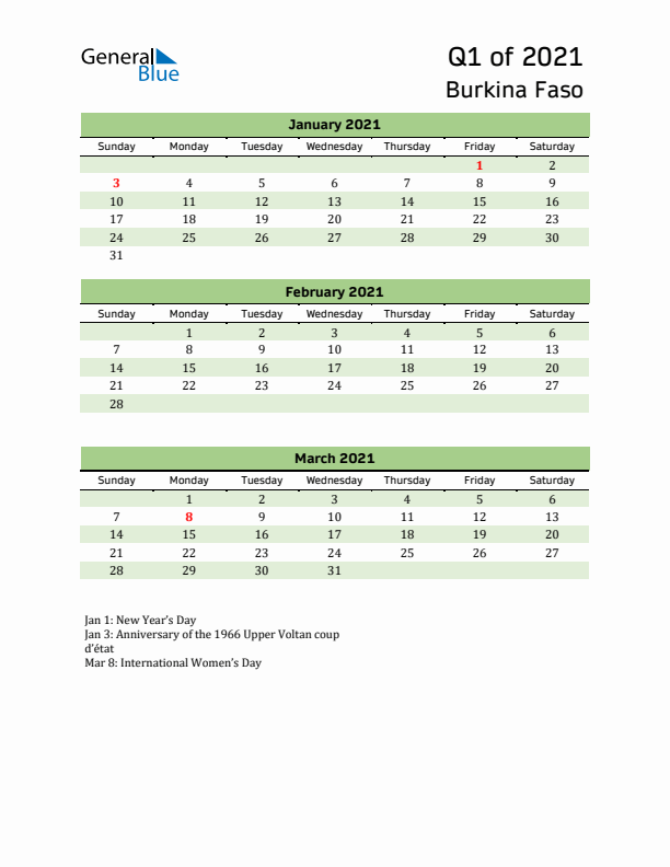 Quarterly Calendar 2021 with Burkina Faso Holidays