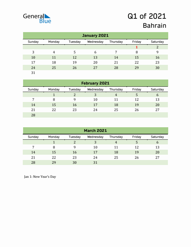 Quarterly Calendar 2021 with Bahrain Holidays