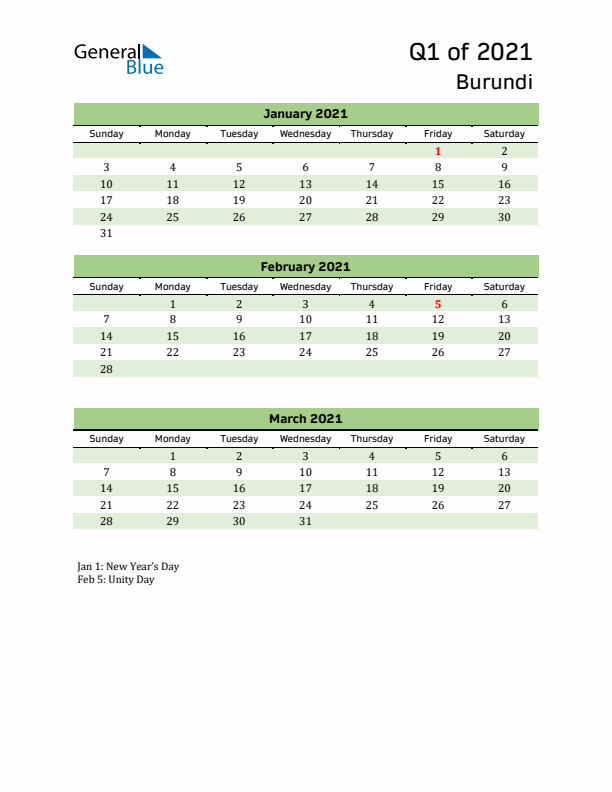 Quarterly Calendar 2021 with Burundi Holidays