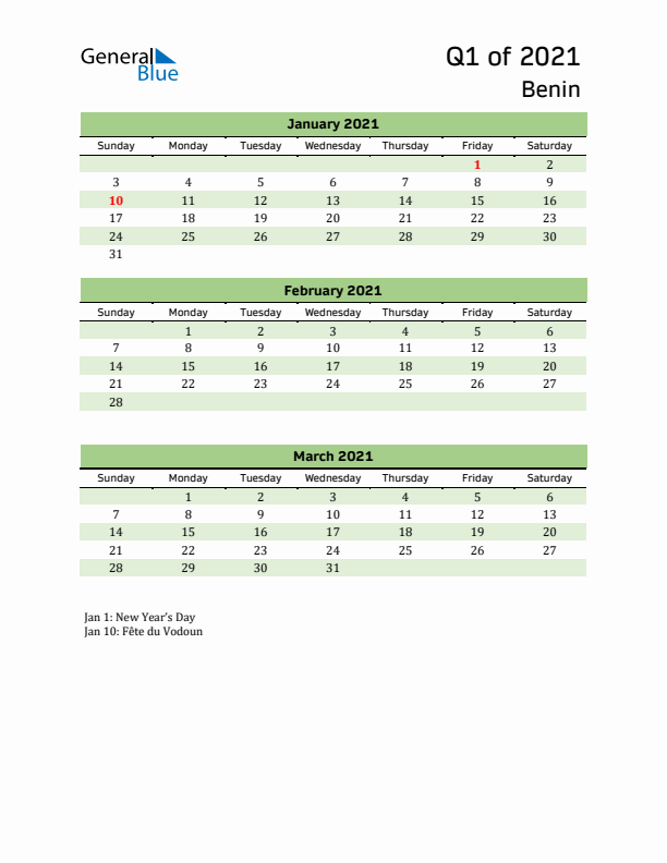 Quarterly Calendar 2021 with Benin Holidays