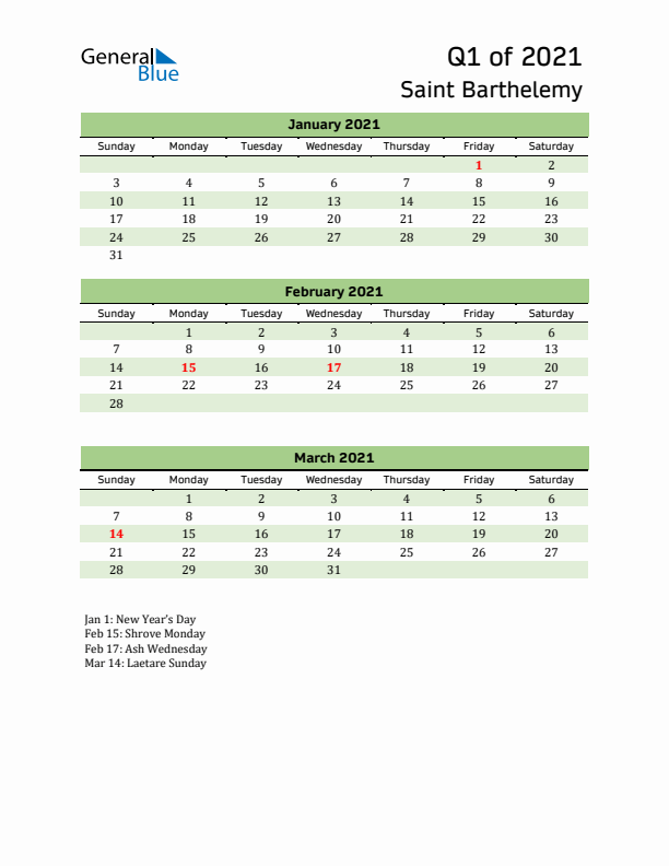 Quarterly Calendar 2021 with Saint Barthelemy Holidays