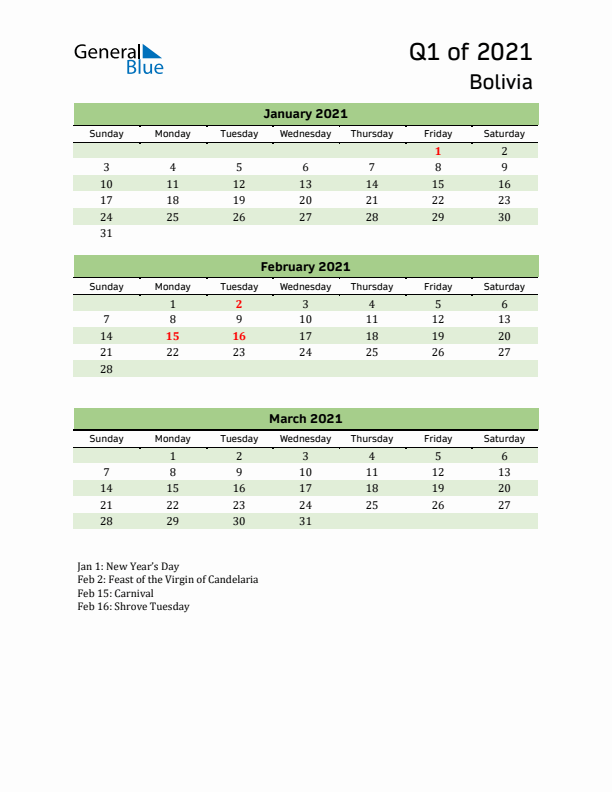 Quarterly Calendar 2021 with Bolivia Holidays