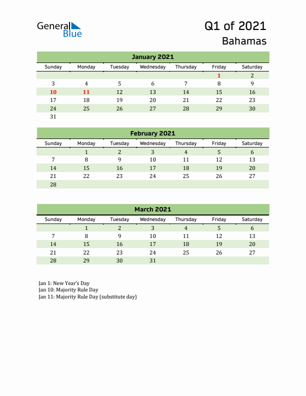 Quarterly Calendar 2021 with Bahamas Holidays