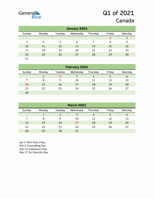 Quarterly Calendar 2021 with Canada Holidays