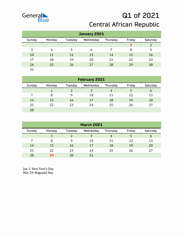 Quarterly Calendar 2021 with Central African Republic Holidays